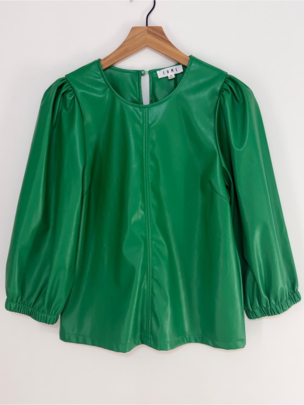 THML Women's Puff-Sleeve Faux Leather Top Kelly Green Size Small